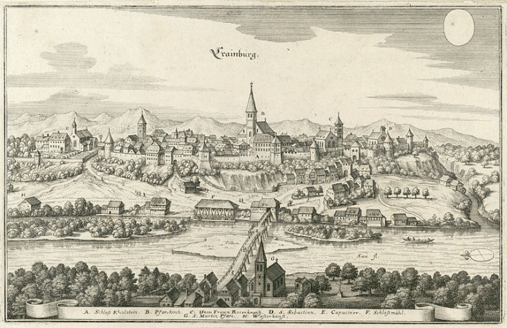 Najstarejša znana upodobitev Kranja, 1649, bakrorez, Matthäus Merian Najstarejša znana upodobitev Kranja, 1649, bakrorez, Matthäus Merian